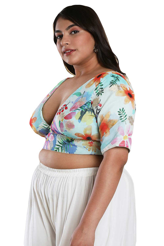 Buy Pastel Blue Brocade Readymade Saree Blouse Online - One Minute Sareee