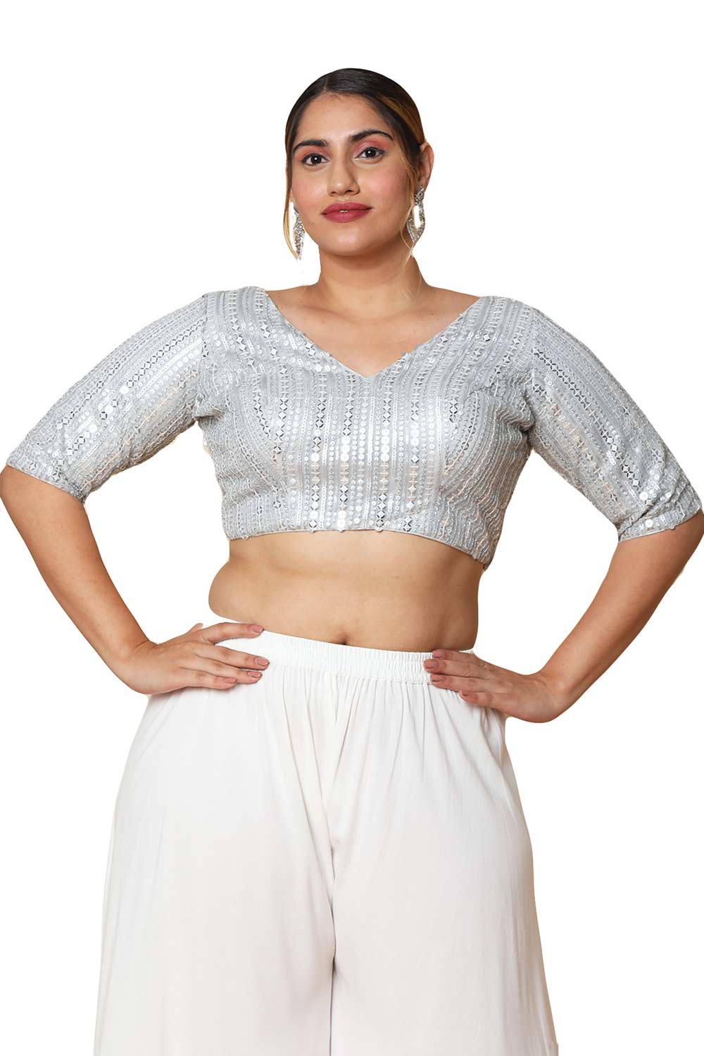 Buy Silver Silk Blend Readymade Saree Blouse Online - One Minute Sareee