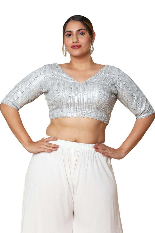 Buy Silver Silk Blend Readymade Saree Blouse Online - One Minute Sareee