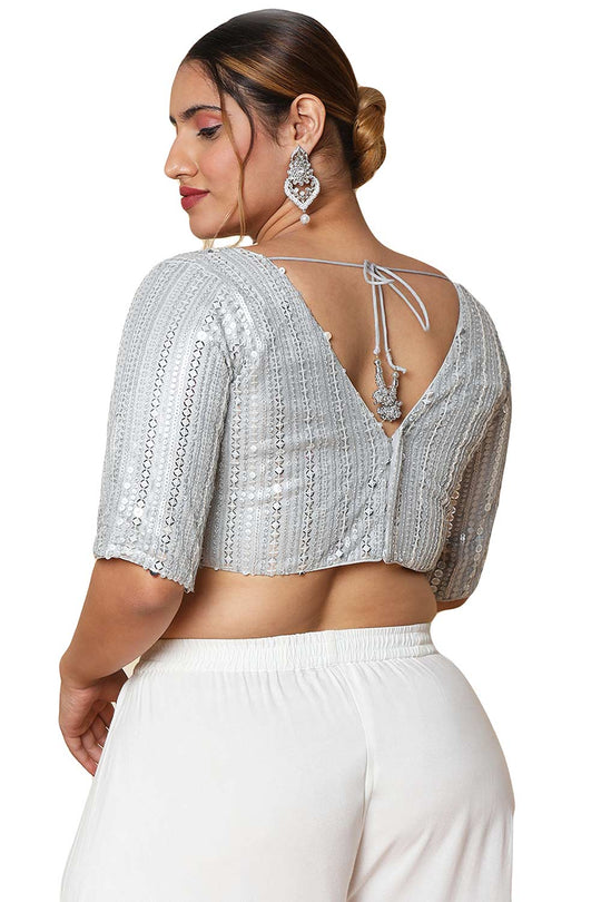 Buy Silver Silk Blend Readymade Saree Blouse Online - One Minute Sareee