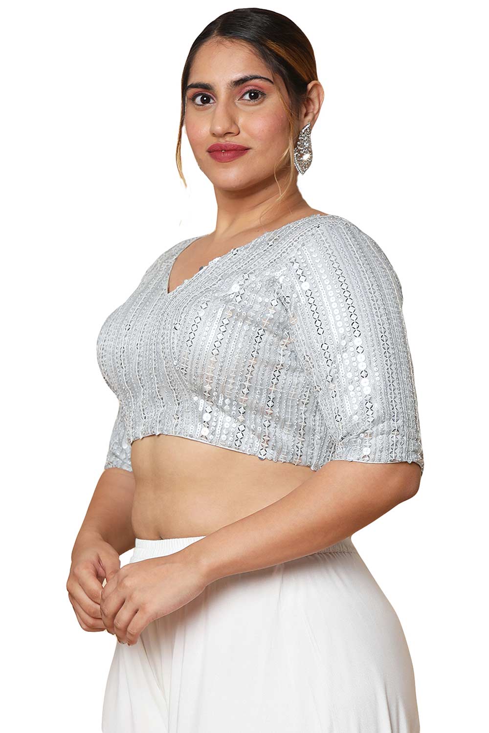 Buy Silver Silk Blend Readymade Saree Blouse Online - One Minute Sareee