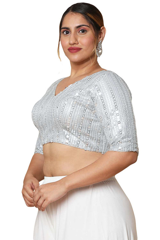 Buy Silver Silk Blend Readymade Saree Blouse Online - One Minute Sareee