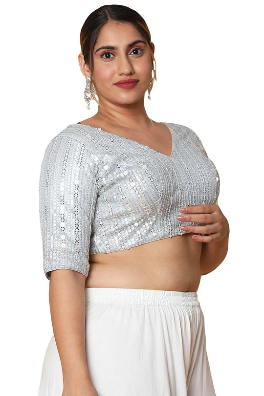 Buy Silver Silk Blend Readymade Saree Blouse Online - One Minute Sareee