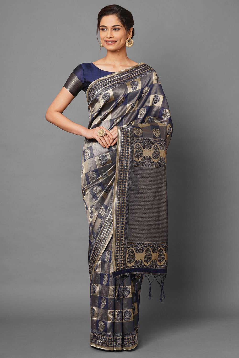 Buy Women's Navy Blue Zari Silk Blend One Minute Saree