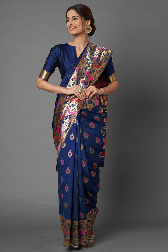 Buy Women's Navy Blue Zari Silk Blend One Minute Saree