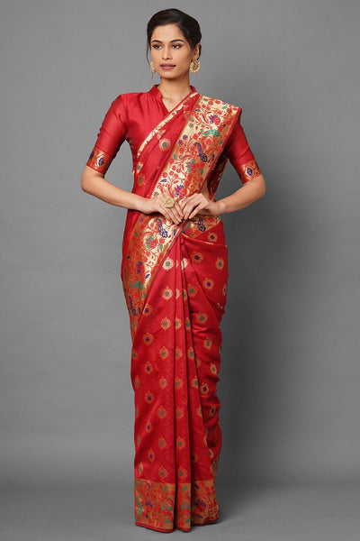 Buy Women's Red Zari Silk Blend One Minute Saree