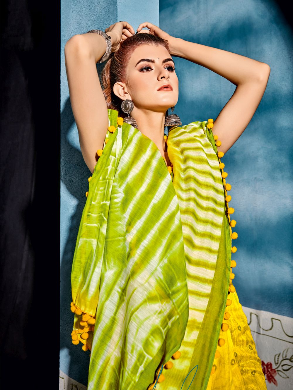 Yellow Cotton Blend Party Wear Geometric Saree