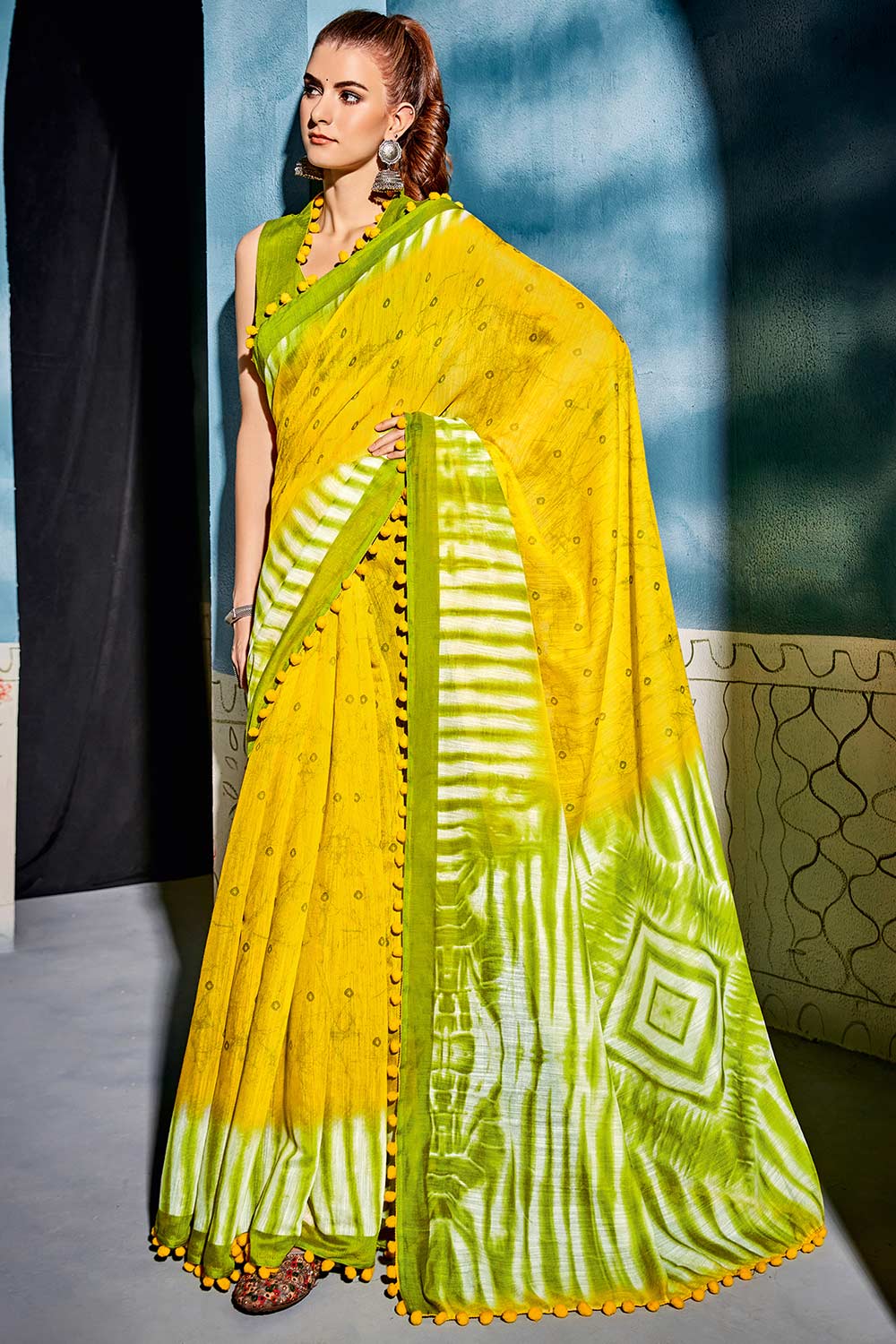 Yellow Cotton Blend Party Wear Geometric Saree