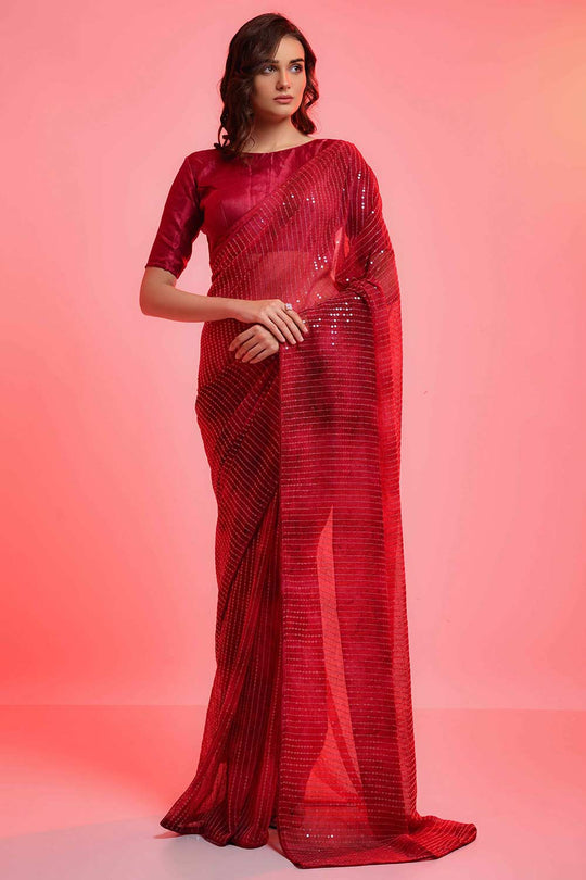Riana Red Chiffon Tie-Dye Sequin One Minute Saree
