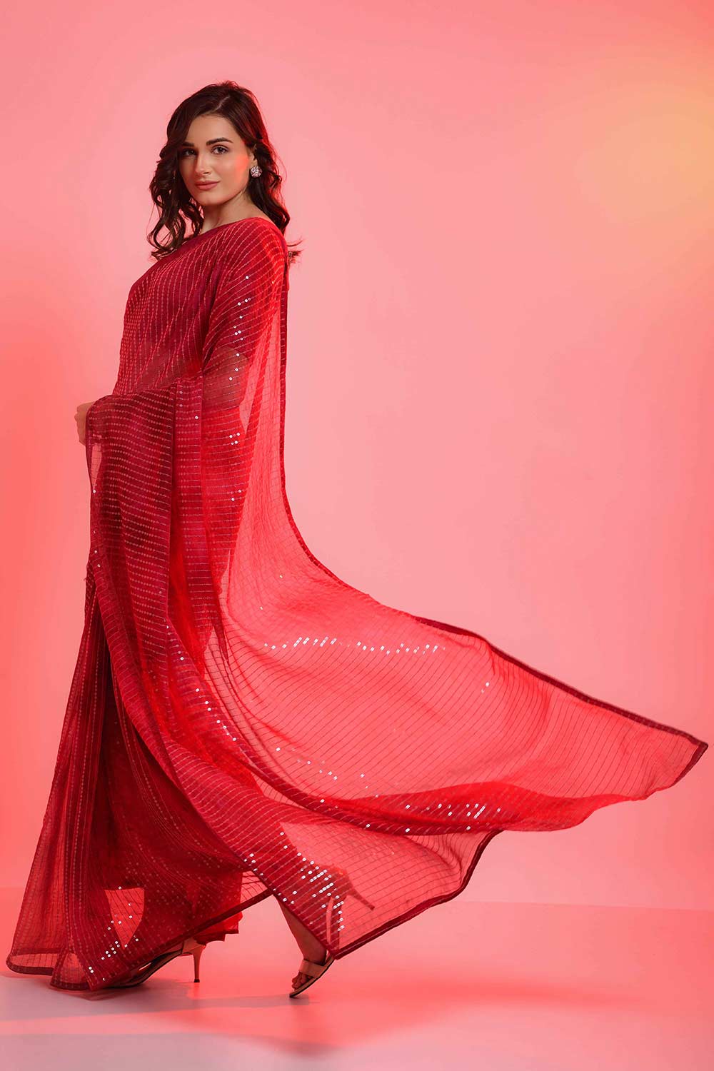 Riana Red Chiffon Tie-Dye Sequin One Minute Saree