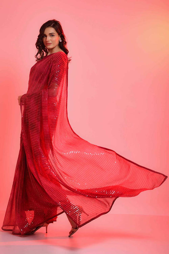 Riana Red Chiffon Tie-Dye Sequin One Minute Saree