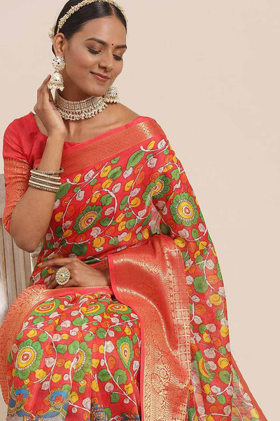 Priya Red Kalamkari Blended Cotton One Minute Saree