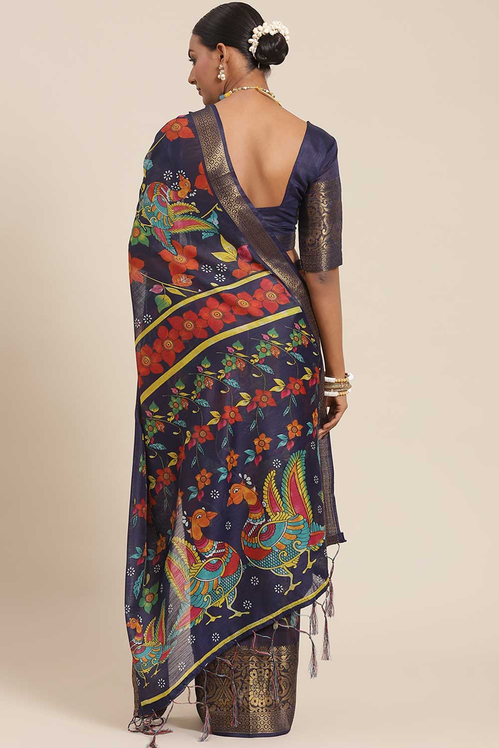 Kiara Navy Blue Kalamkari Blended Cotton One Minute Saree