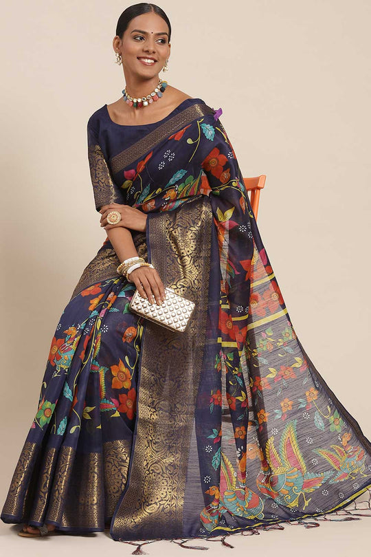 Kiara Navy Blue Kalamkari Blended Cotton One Minute Saree