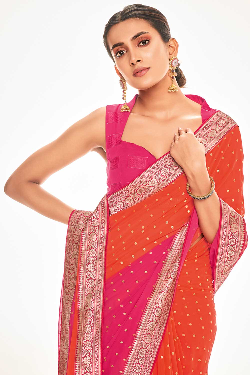 Celia Silk Blend Orange Printed One Minute Saree