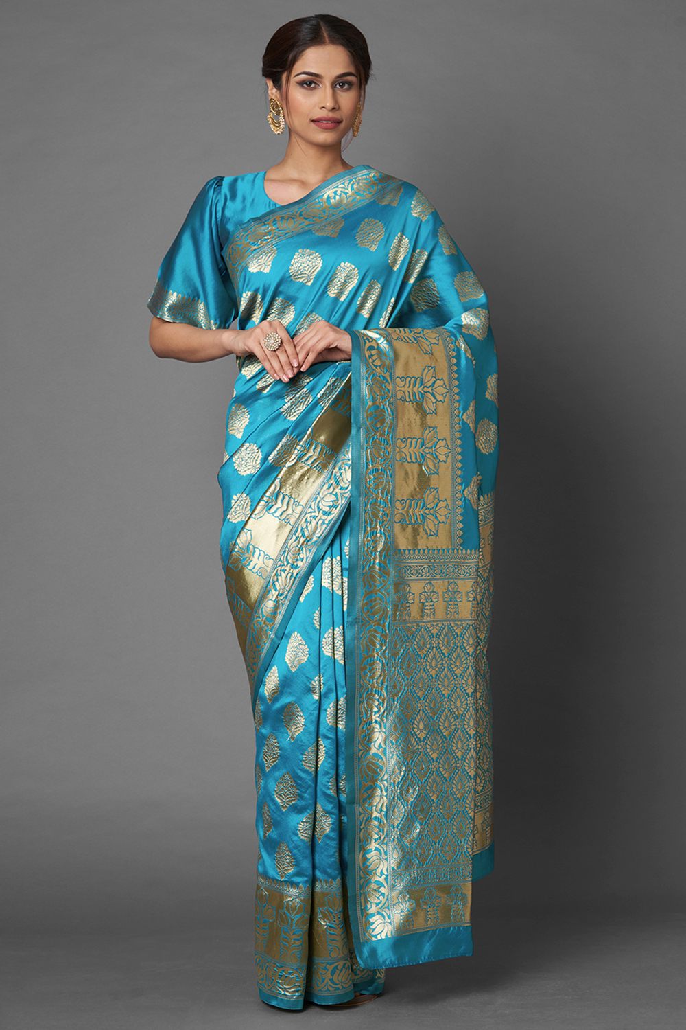 Buy Women's Sky Blue Zari Silk Blend One Minute Saree