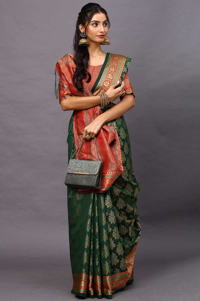 Venus Green Floral Woven Blended Silk One Minute Saree