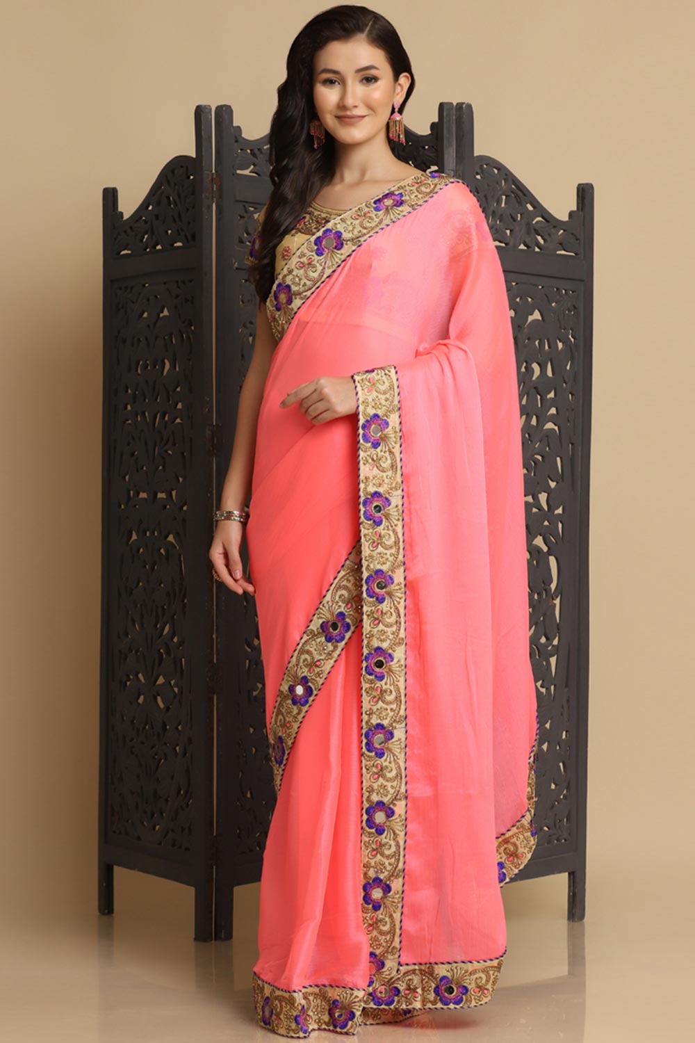 Buy Baby Pink Resham Embroidery Chiffon One Minute Saree Online