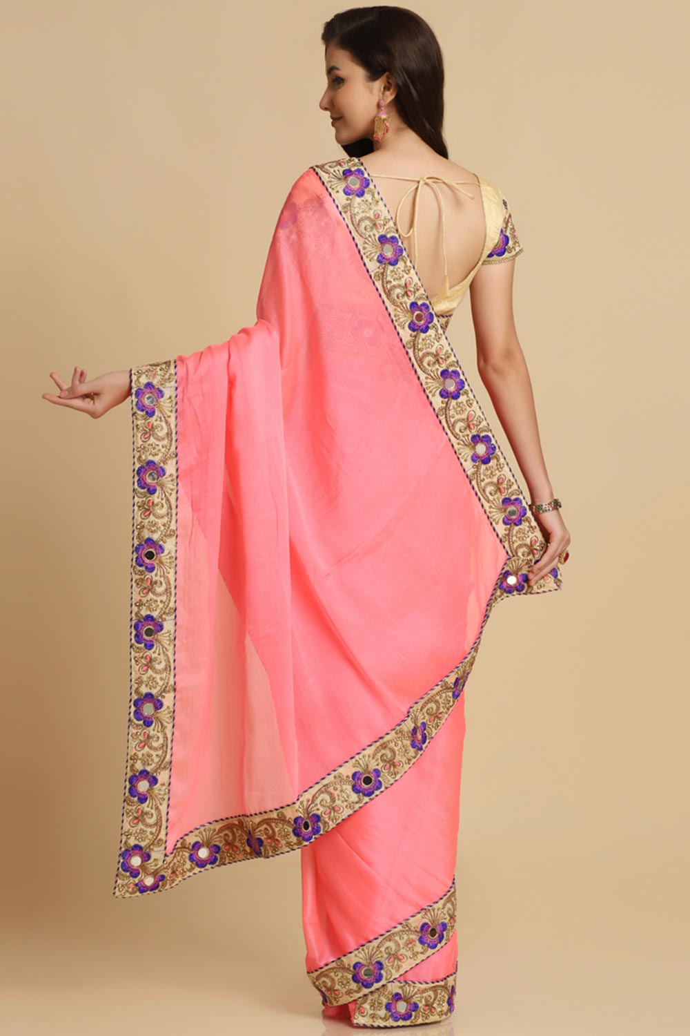Buy Baby Pink Resham Embroidery Chiffon One Minute Saree Online - Zoom In