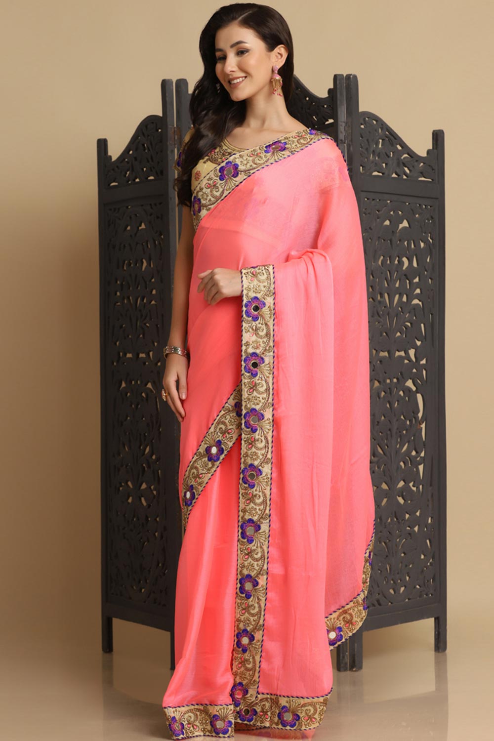 Buy Baby Pink Resham Embroidery Chiffon One Minute Saree Online - Zoom Out