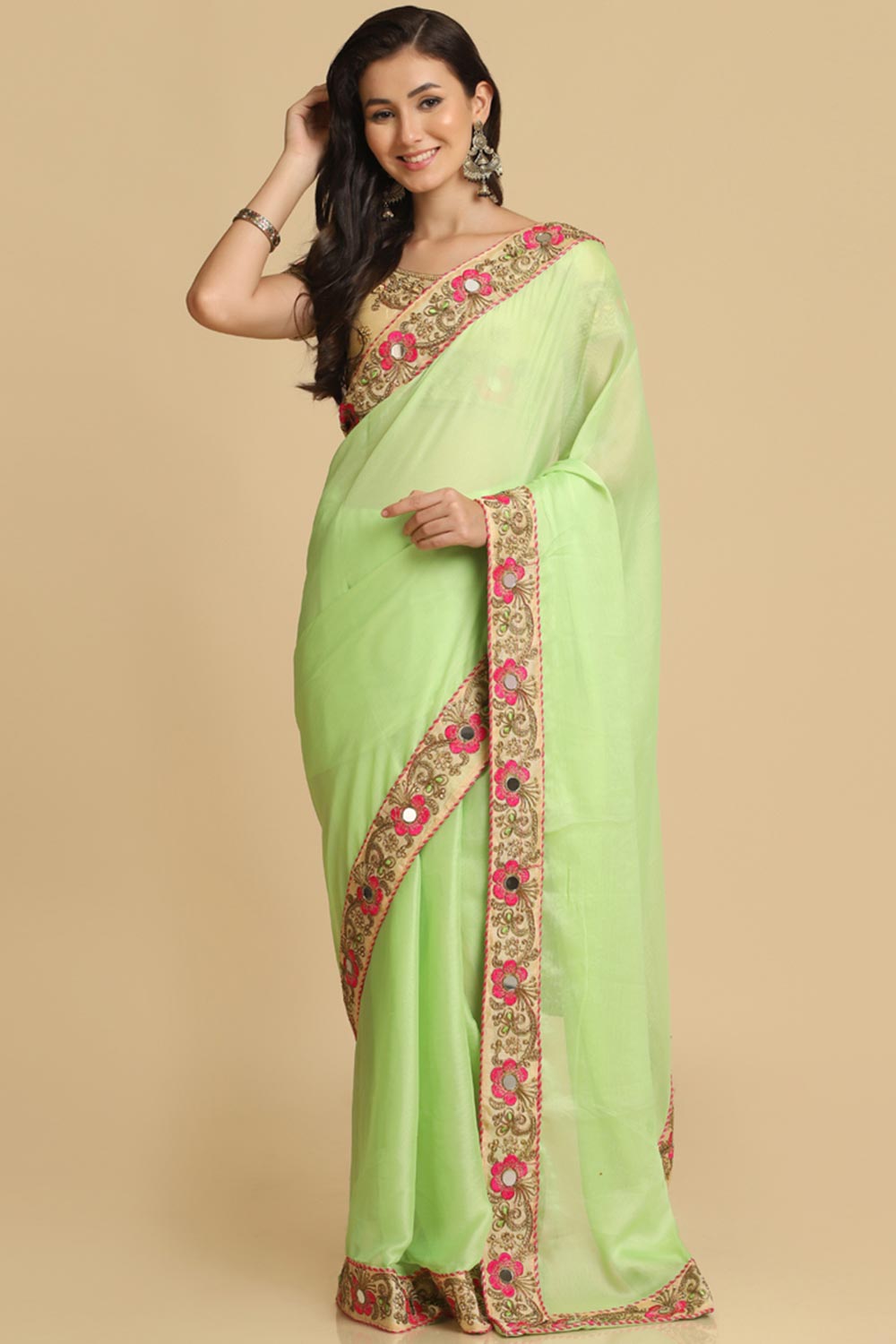 Buy Lime Resham Embroidery Chiffon One Minute Saree Online