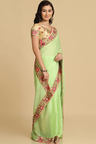 Buy Lime Resham Embroidery Chiffon One Minute Saree Online - Back