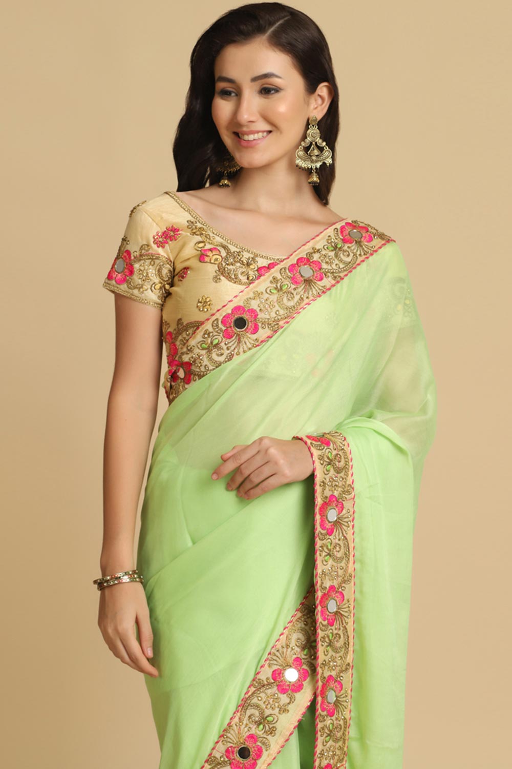 Buy Lime Resham Embroidery Chiffon One Minute Saree Online - Front