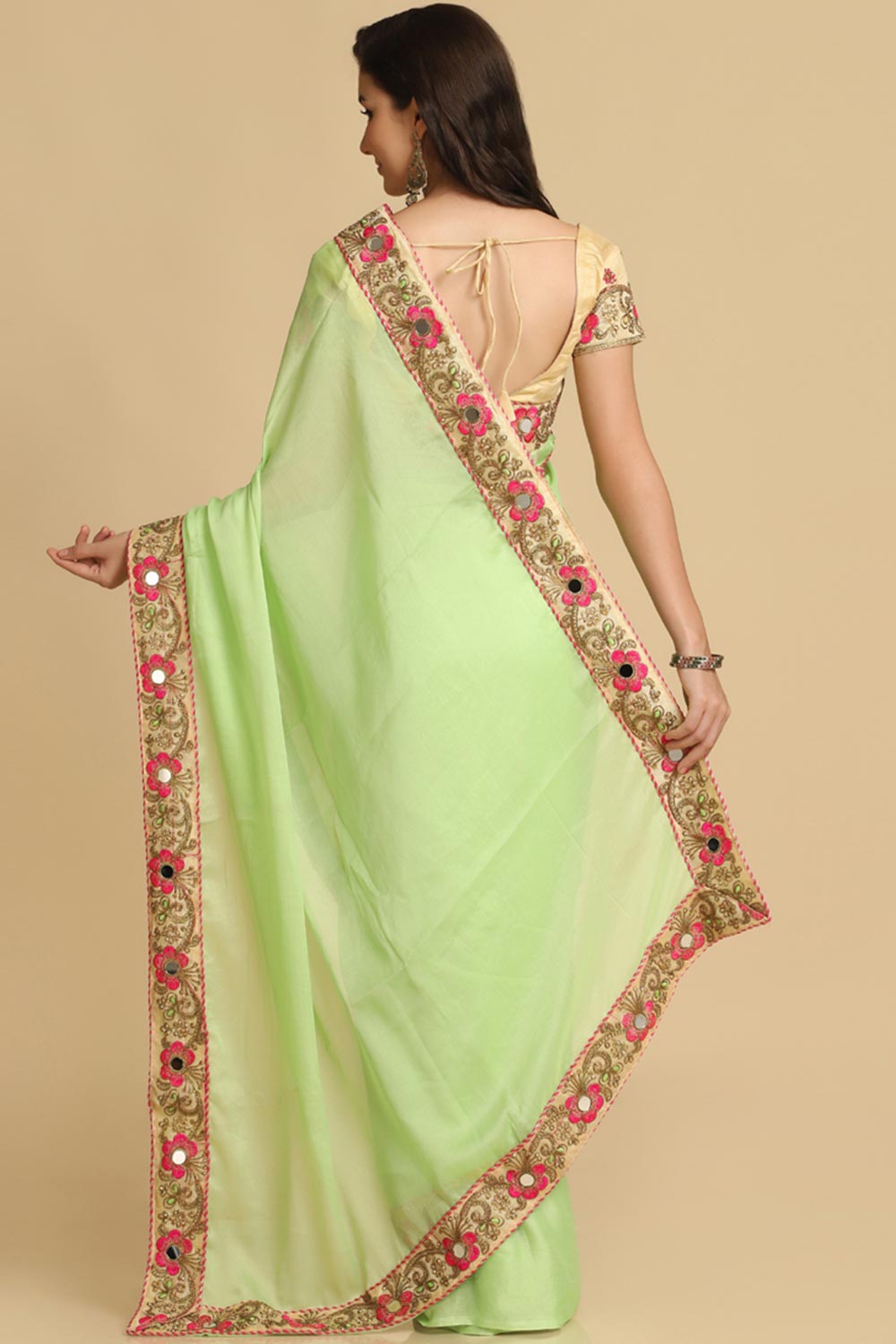 Buy Lime Resham Embroidery Chiffon One Minute Saree Online - Zoom In