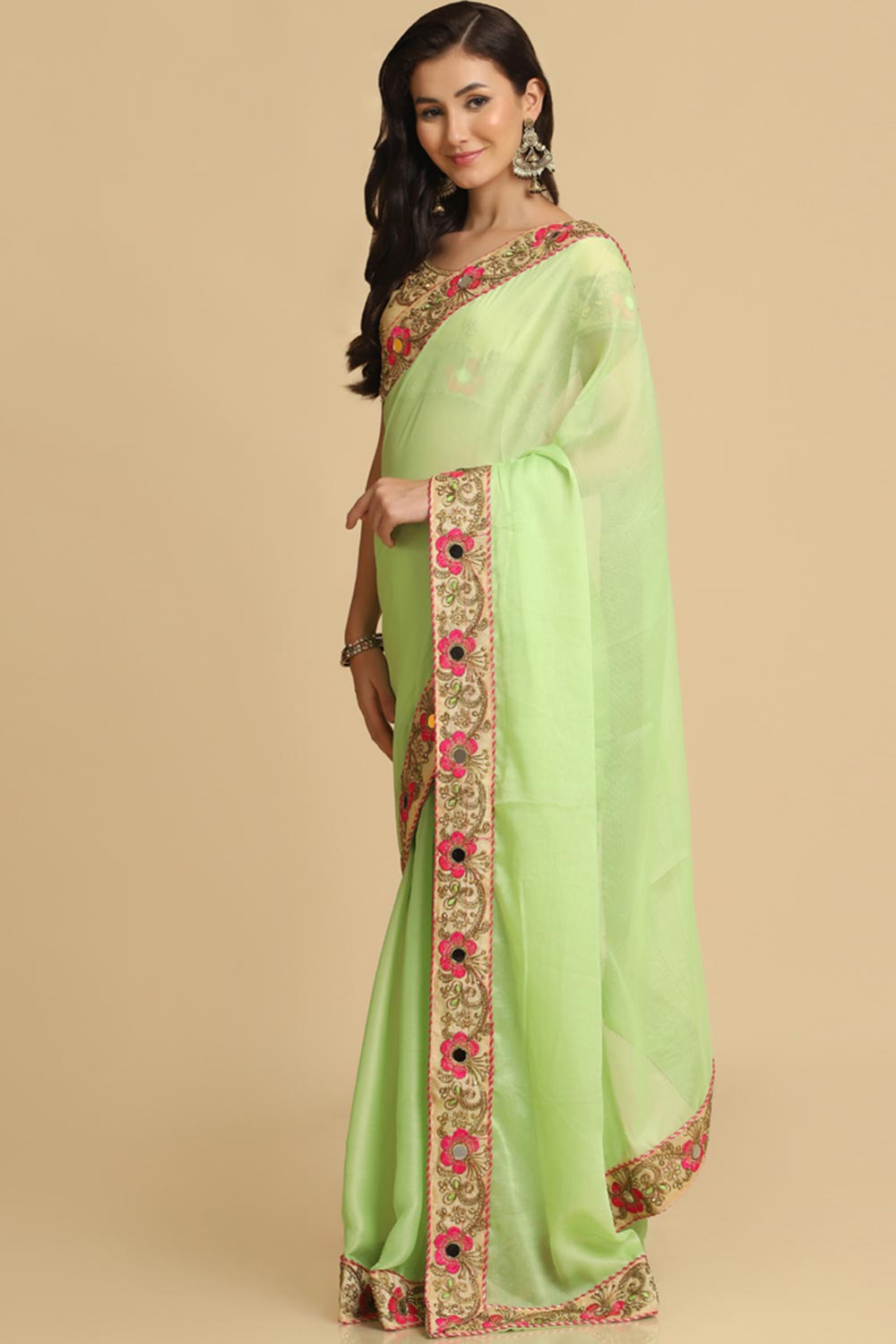 Buy Lime Resham Embroidery Chiffon One Minute Saree Online - Zoom Out