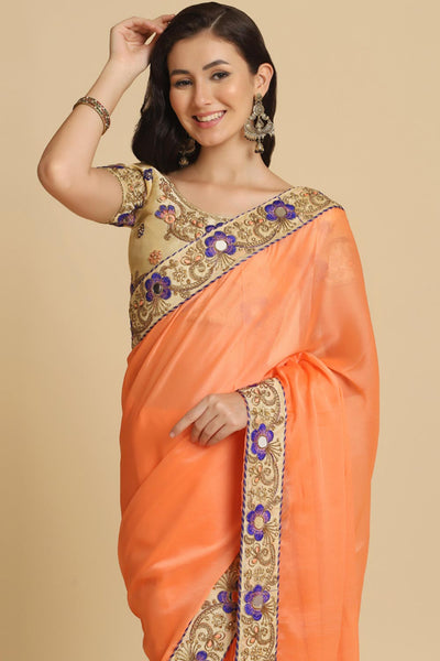Buy Light Orange Resham Embroidery Chiffon One Minute Saree Online - Back