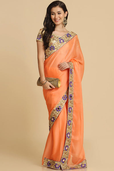 Buy Light Orange Resham Embroidery Chiffon One Minute Saree Online - Front