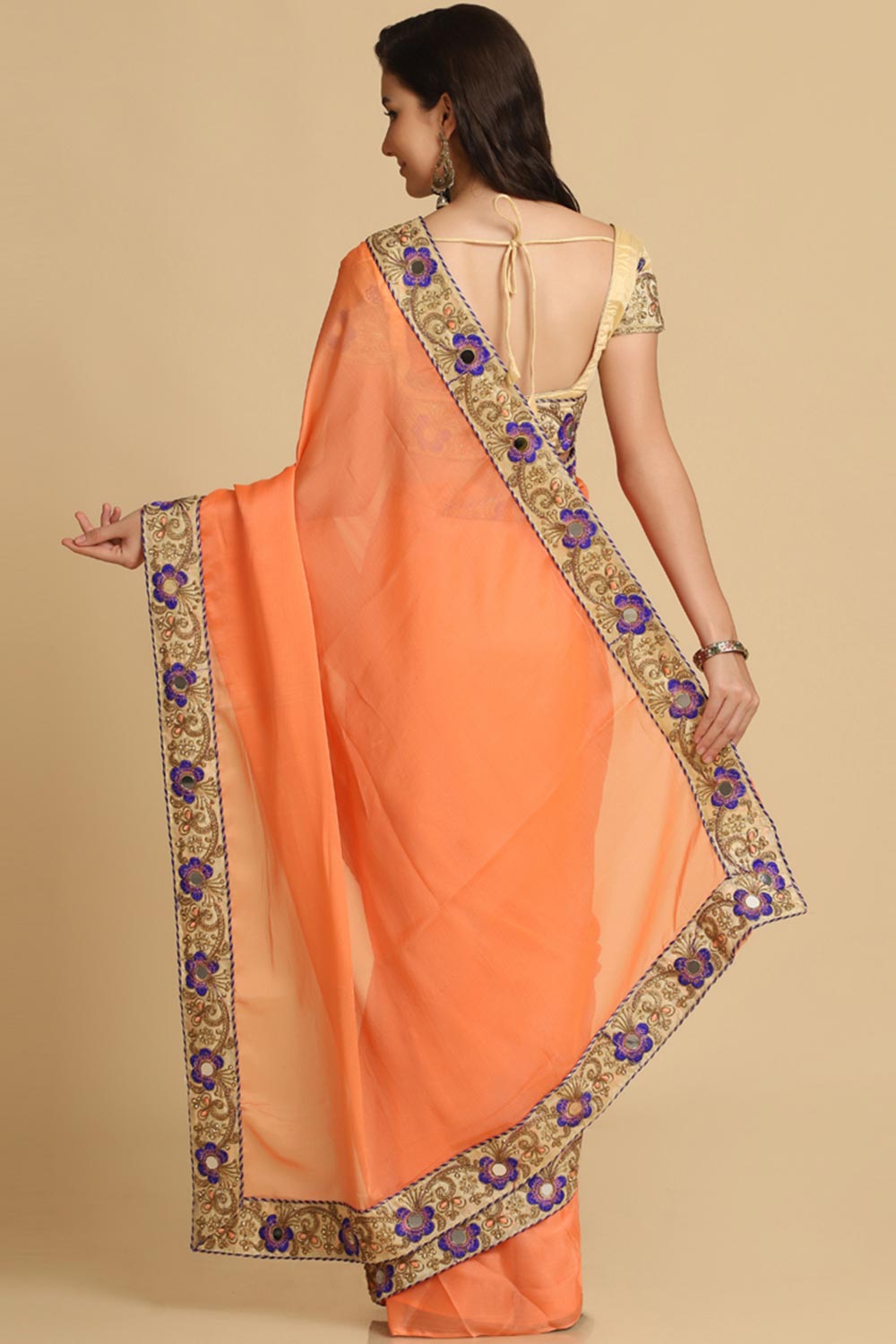 Buy Light Orange Resham Embroidery Chiffon One Minute Saree Online - Zoom Out