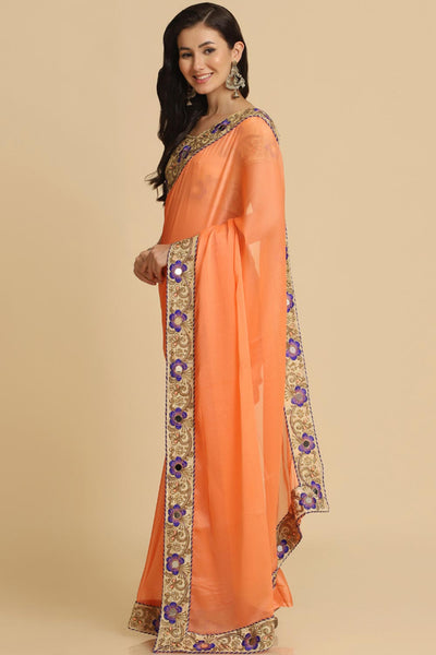 Buy Light Orange Resham Embroidery Chiffon One Minute Saree Online - Front
