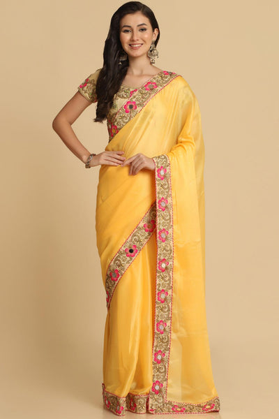 Buy Light Yellow Resham Embroidery Chiffon One Minute Saree Online