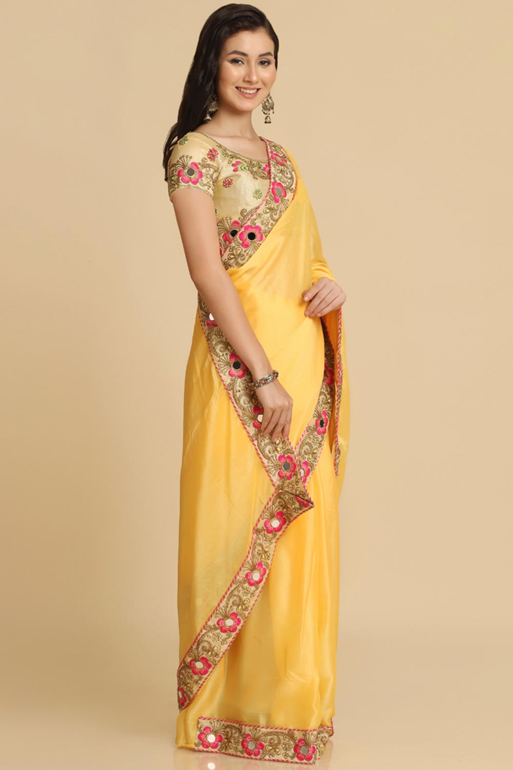 Buy Light Yellow Resham Embroidery Chiffon One Minute Saree Online - Back