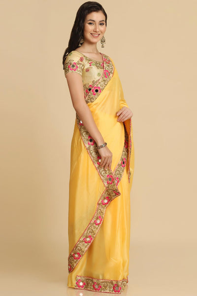 Buy Light Yellow Resham Embroidery Chiffon One Minute Saree Online - Back