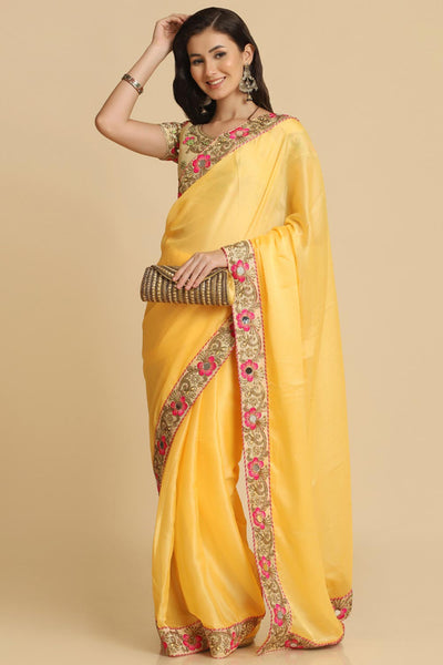 Buy Light Yellow Resham Embroidery Chiffon One Minute Saree Online - Front