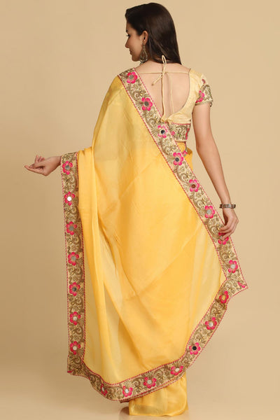 Buy Light Yellow Resham Embroidery Chiffon One Minute Saree Online - Zoom Out