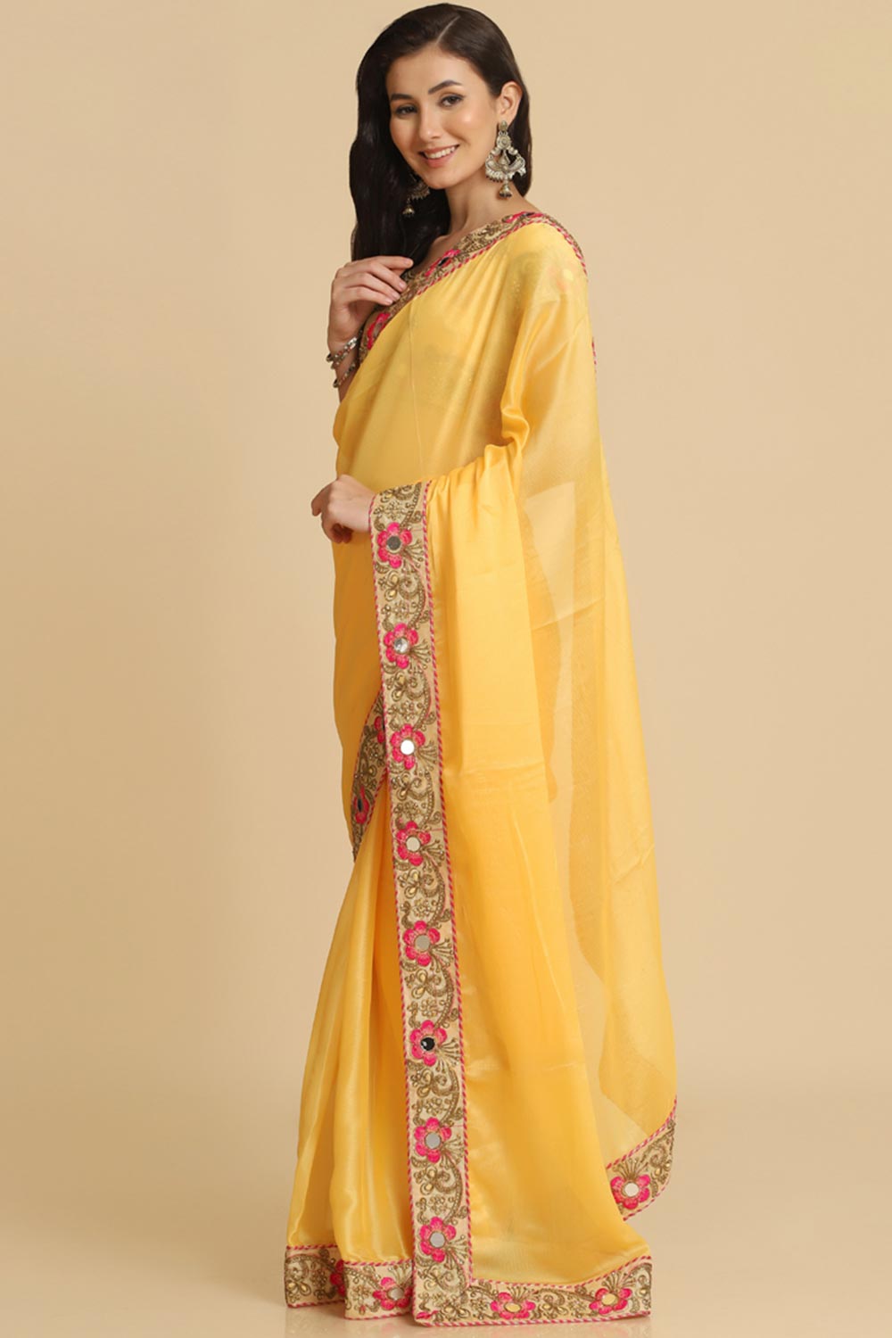 Buy Light Yellow Resham Embroidery Chiffon One Minute Saree Online - Front