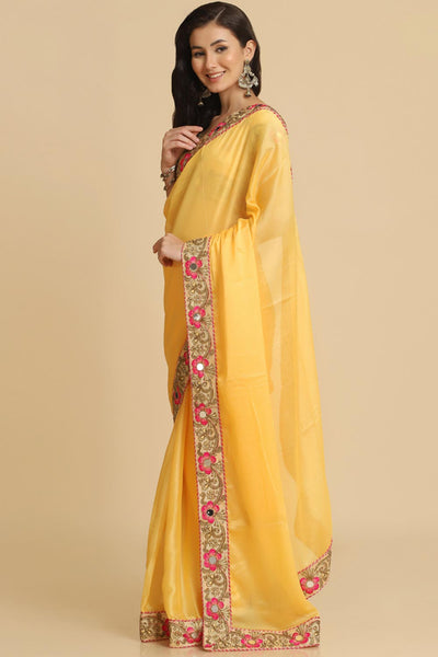 Buy Light Yellow Resham Embroidery Chiffon One Minute Saree Online - Front