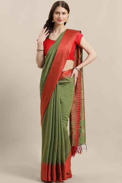 Buy Green Woven Cotton Silk One Minute Saree Online