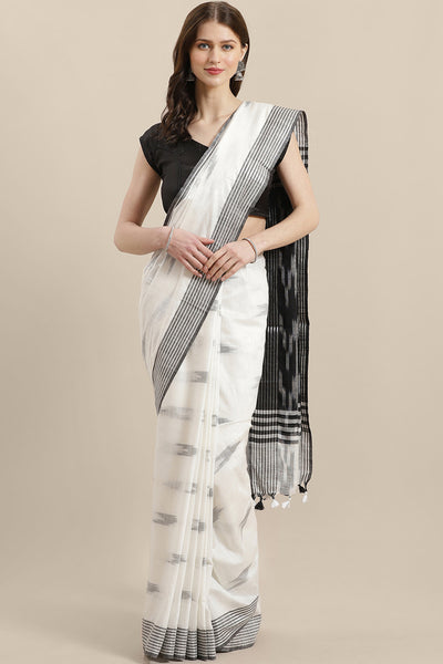 Buy White Woven Linen One Minute Saree Online