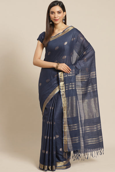 Buy Blue Woven Linen One Minute Saree Online