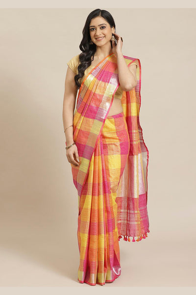 Buy Yellow Woven Linen One Minute Saree Online