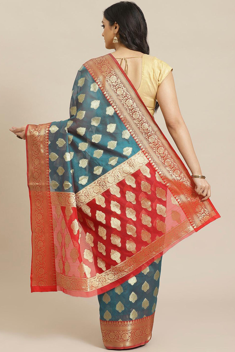 Buy Teal Blue Woven Art Silk One Minute Saree Online