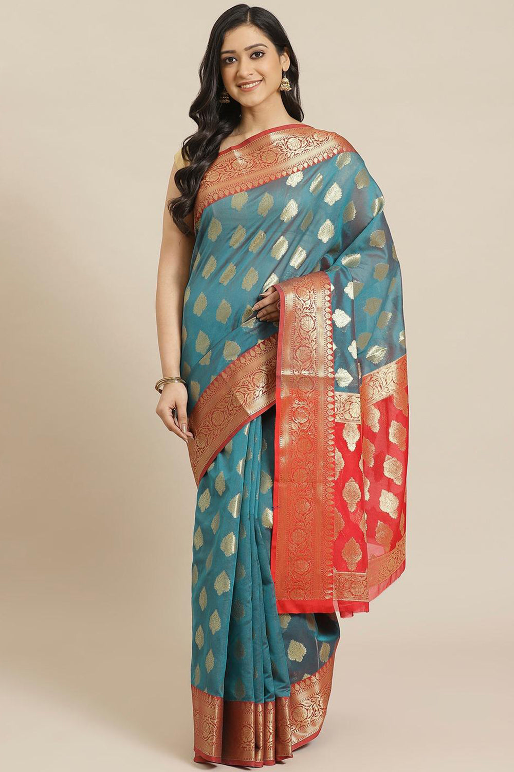 Buy Teal Blue Woven Art Silk One Minute Saree Online