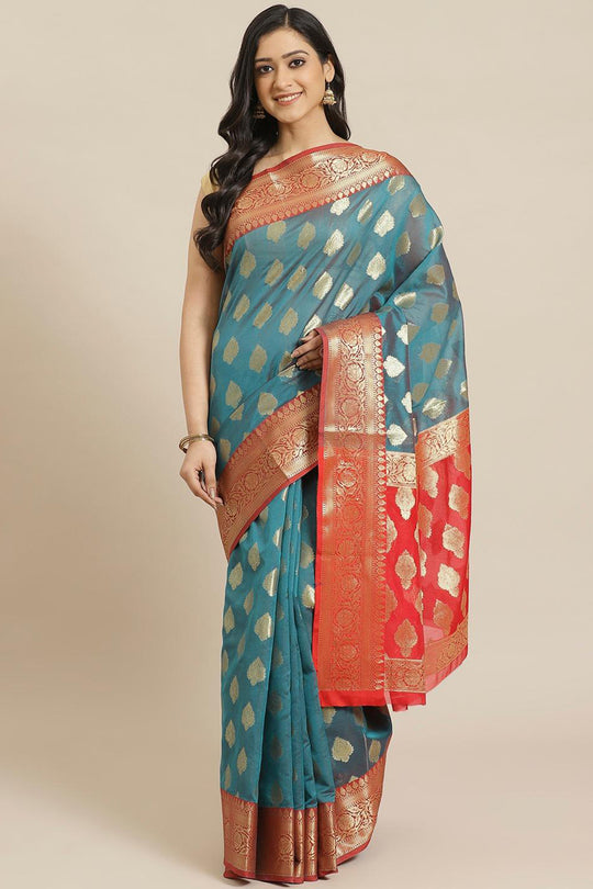 Buy Teal Blue Woven Art Silk One Minute Saree Online