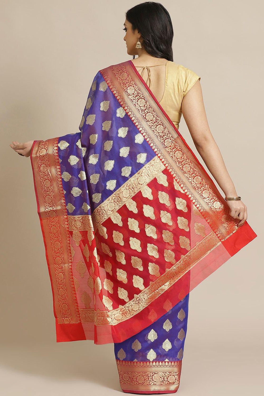 Buy Navy Blue Woven Art Silk One Minute Saree Online
