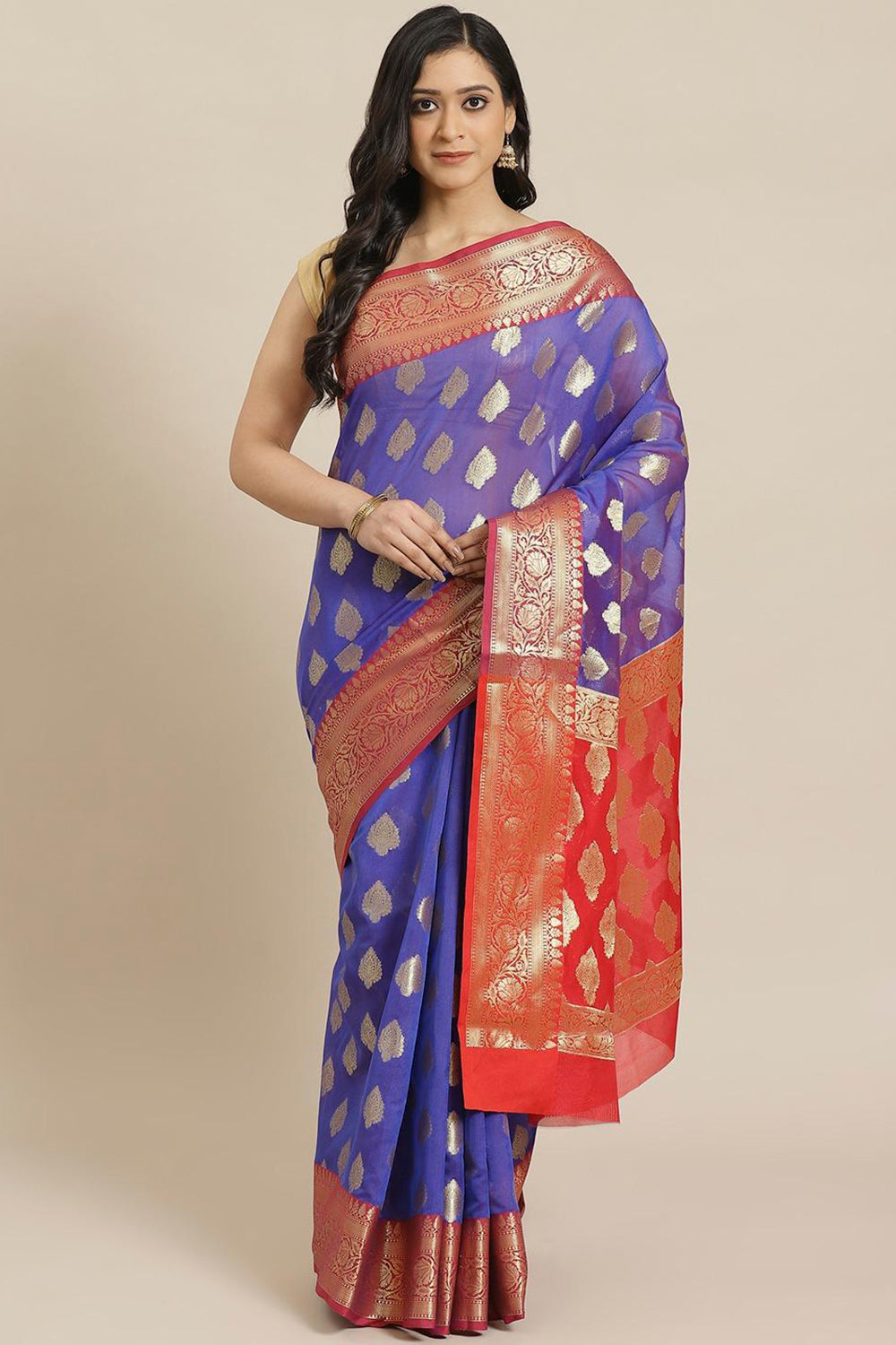 Buy Navy Blue Woven Art Silk One Minute Saree Online