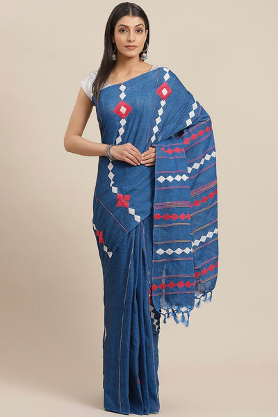 Buy Blue Woven Cotton Blend One Minute Saree Online